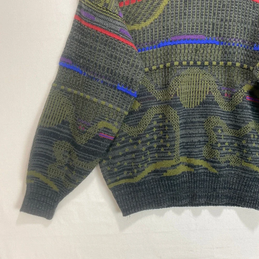 Union Pier 3D Coogi Style Sweater Abstract Men's Knit Green Purple Red Size M - Picture 5 of 9